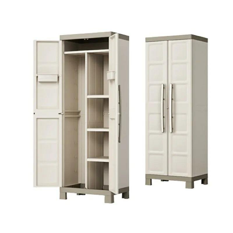 Keter Armario Excellence Escobero|Armario Escobero de almacenaje|Resina|2 Puertas y 4 baldas, 3 Regulables en Altura y 1 Fija|Color Arena/Gris|182 x 65 x 45 cm