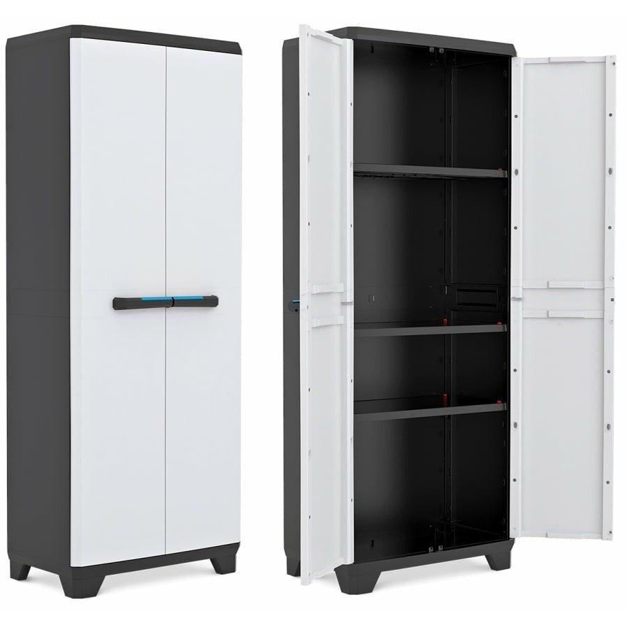 Keter Armario Linear Alto|Armario Alto de almacenaje|Resina|2 Puertas y 3 baldas|Color Negro/Gris,Tiradores En Azul|68 x 39 x 173 cm - Ferrotecnia