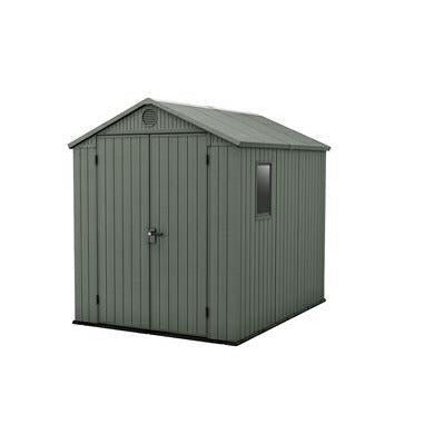 Keter Darwin - Cobertizo de jardín de Resina para Exteriores, 1,8 x 2,4 m, Color Verde Evotech+ Aspecto de Madera, Almacenamiento de Resina Impermeable para Herramientas y Bicicletas, Puertas Dobles - Ferrotecnia
