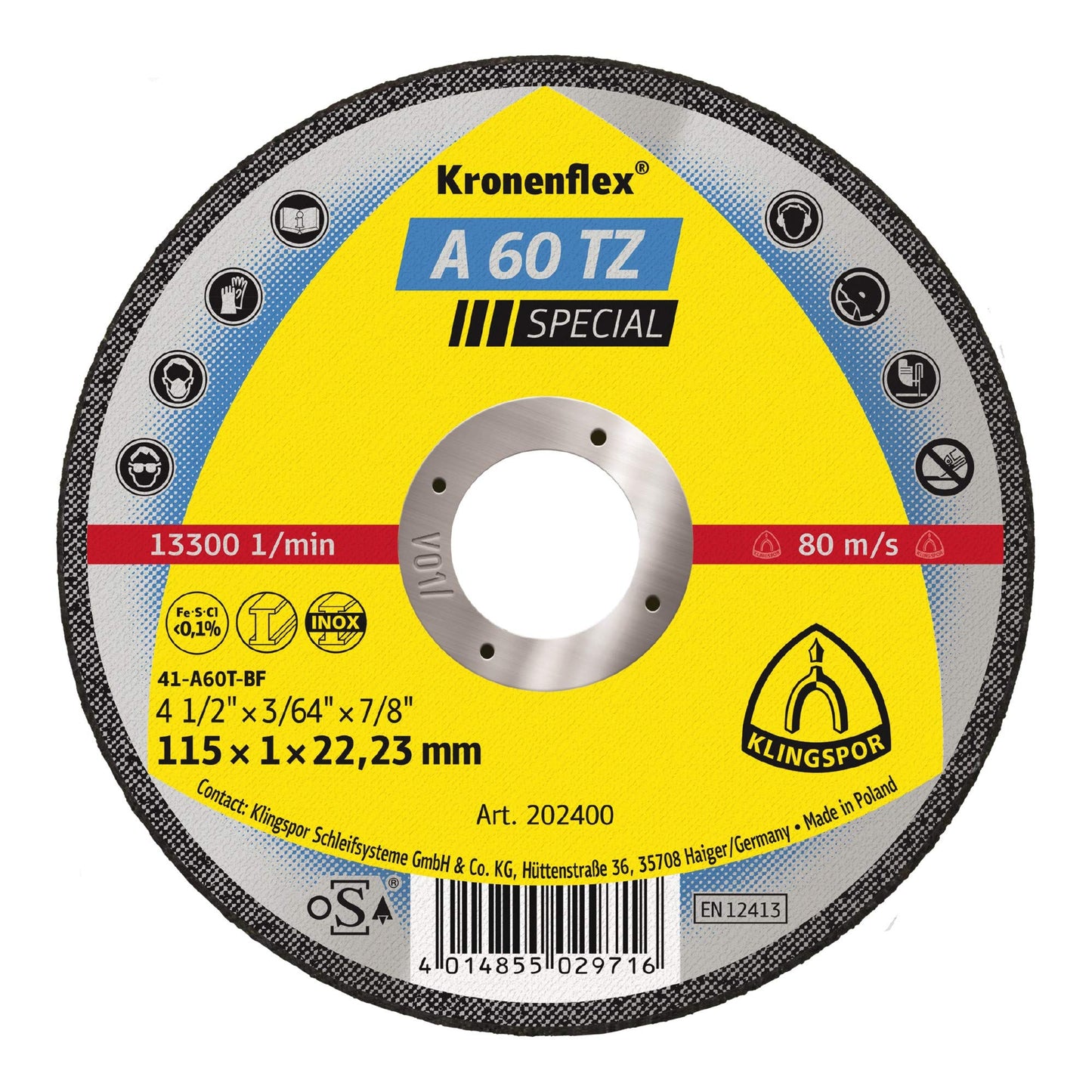 Klingspor 202400 - Disco de corte Kronenflex para metal A 60 TZ Special, 115 x 1 x 22,23 mm