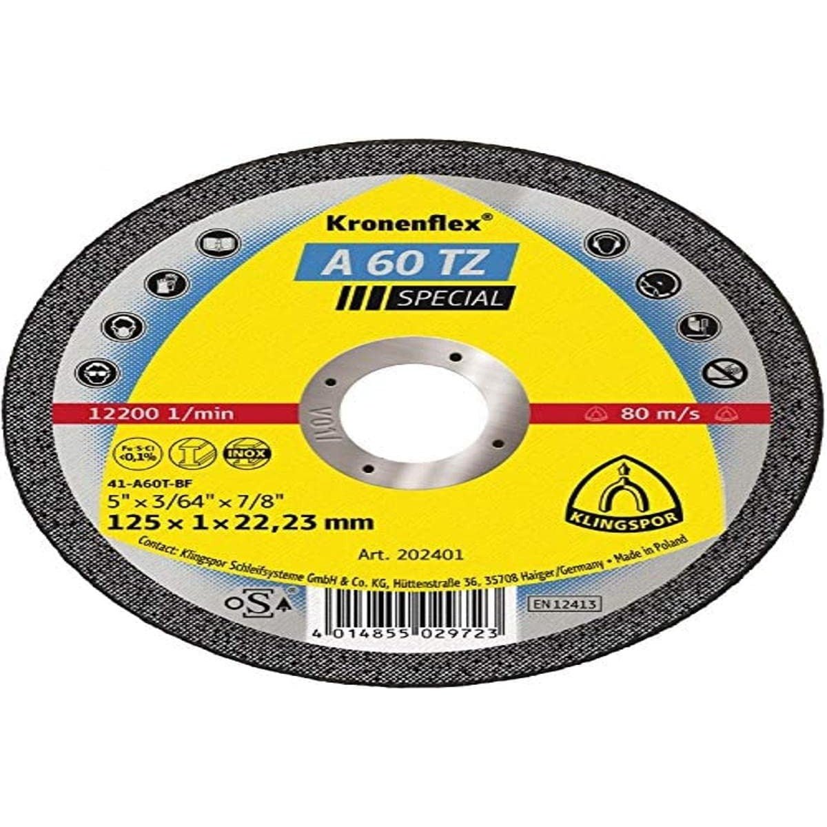 Klingspor 202401 - Disco de corte Kronenflex para metal A 60 TZ Special, 125 x 1 x 22,23 mm - Ferrotecnia