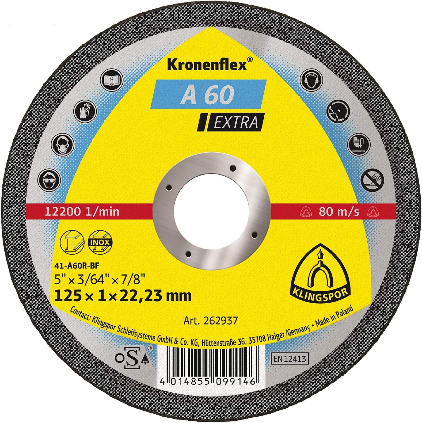 Klingspor 262936 - Disco de corte Kronenflex para metal A 60 Extra, 115 x 1 x 22,23 mm