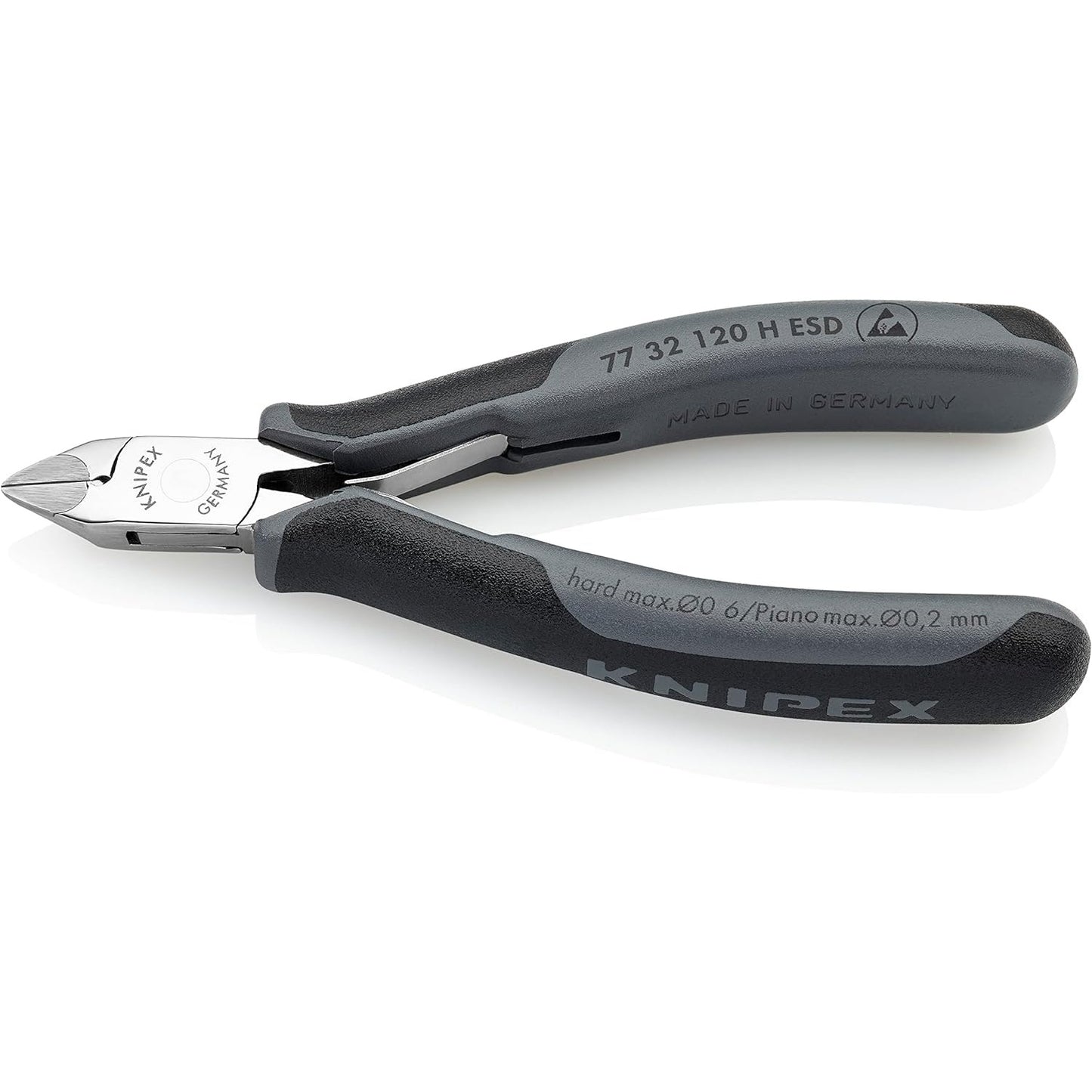 Knipex 77 32 120 H ESD - Alicate de corte diagonal para electrónica ESD Knipex 120 mm. con cabeza en punta, mangos bicomponentes y filos con plaquitas de carburo. Filos con bisel pequeño.