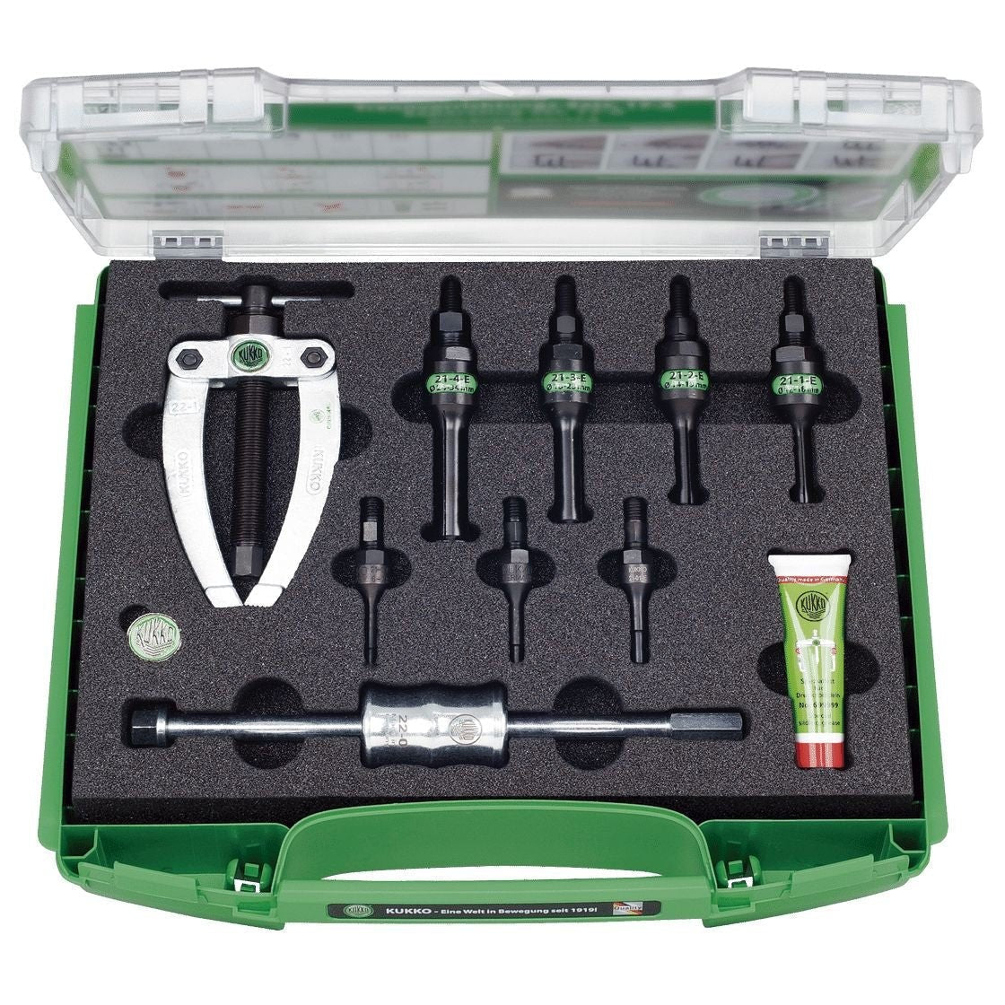 Kukko Sets for removing inner bearings from narrow spaces with bridge and slide hammer