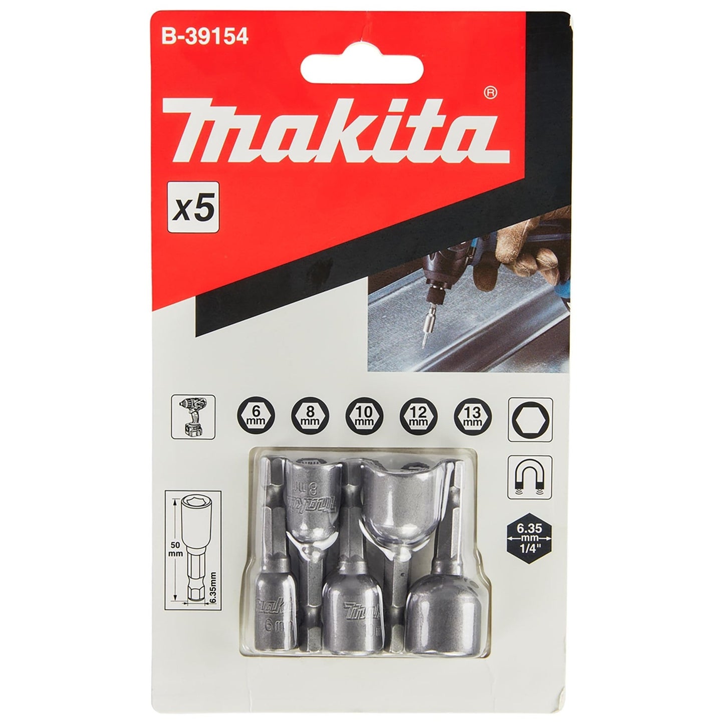 Makita B-39154 - Juego de llaves de vaso (1/4" , SW6 – SW13, magnéticas, 50 mm de largo) (Lote de 5 uds) - Ferrotecnia