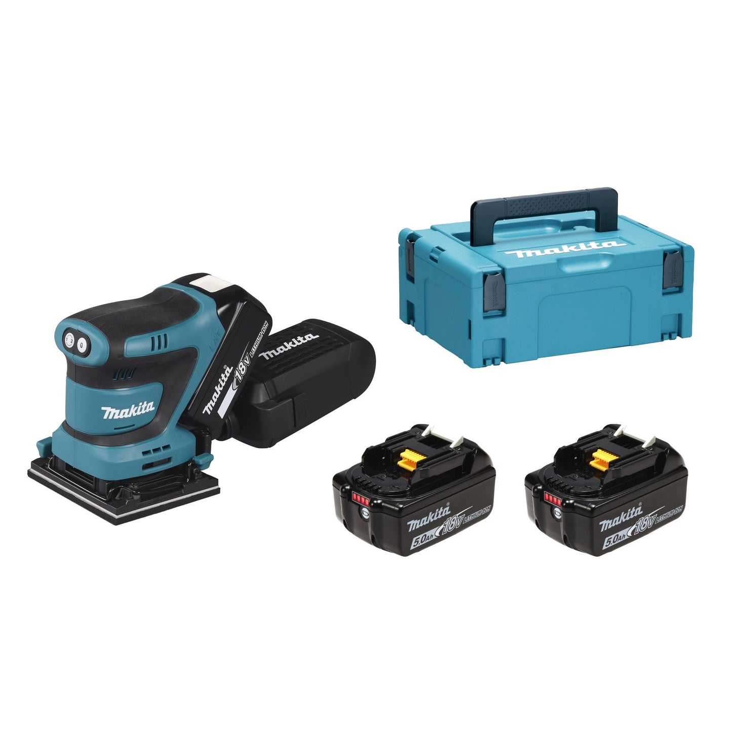 Makita DBO480RTJ - Lijadora de acabado LXT de iones de litio de 18 V completa con 2 baterías de 5,0 Ah y cargador suministrado en una funda Makpac