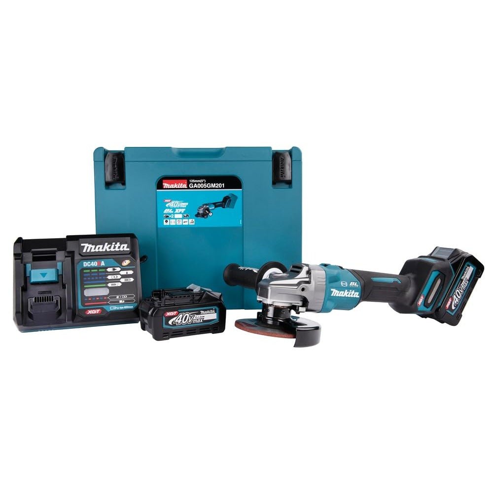 Makita GA005GM201 - Amoladora angular 125 mm Brushless XGT + 2 baterías 40 Vmax 4 Ah Li-ION BL4040 + cargador DC40RA + estuche Makpac - Ferrotecnia