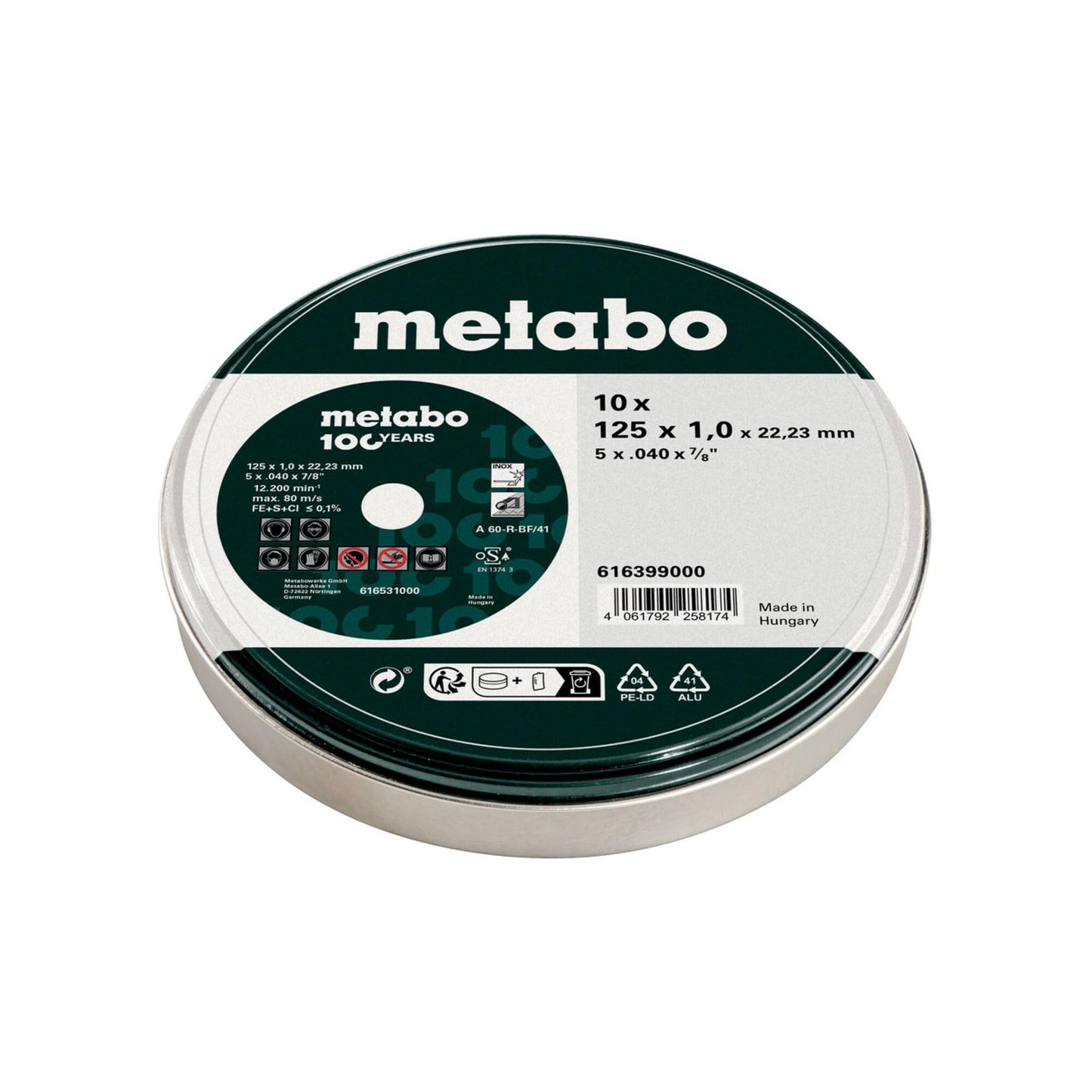 Metabo 616399000 - 10 discos de corte inox 125 x 1,0 x 22 mm, caja metálica
