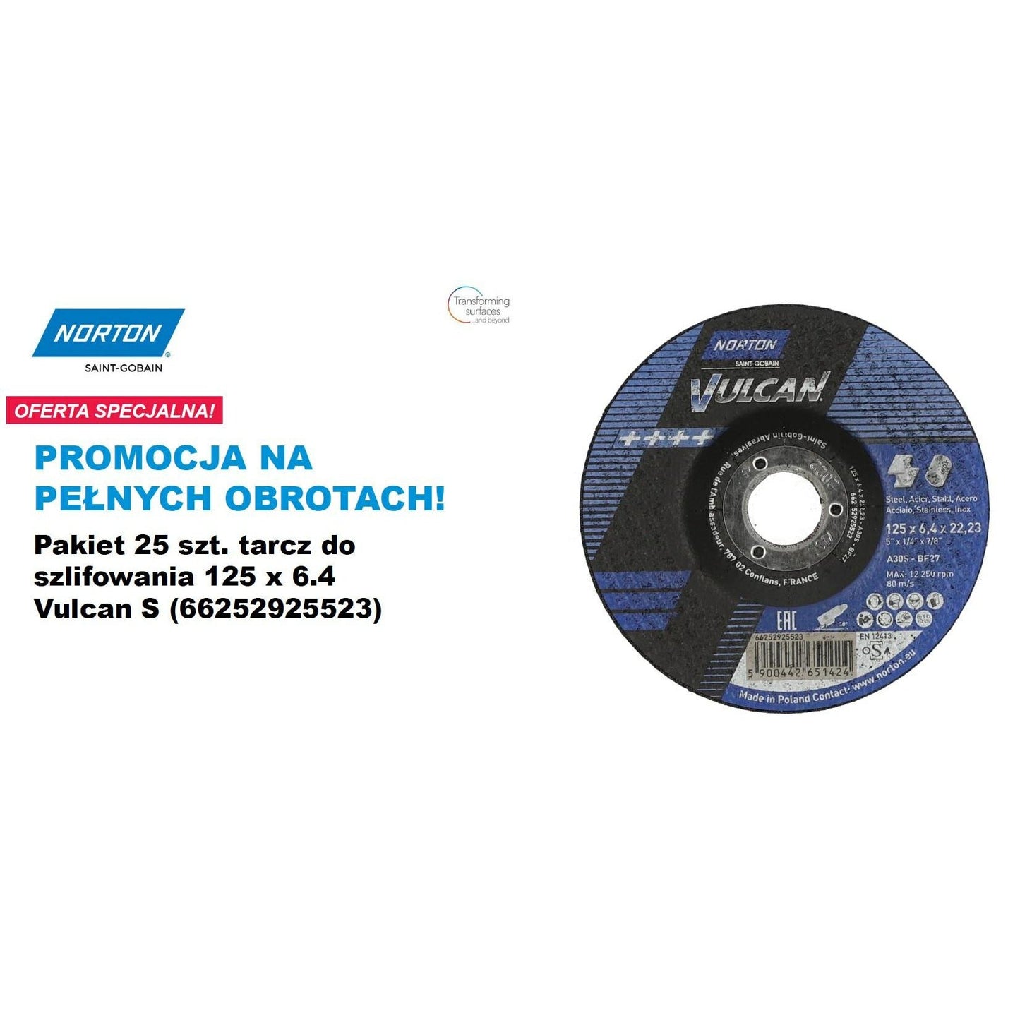 Norton 66252851098 - Disco de desbaste Vulcan S para metal e inox, 125 x 6,4 x 22,23 mm, A30S (Lote de 25 uds) - Ferrotecnia