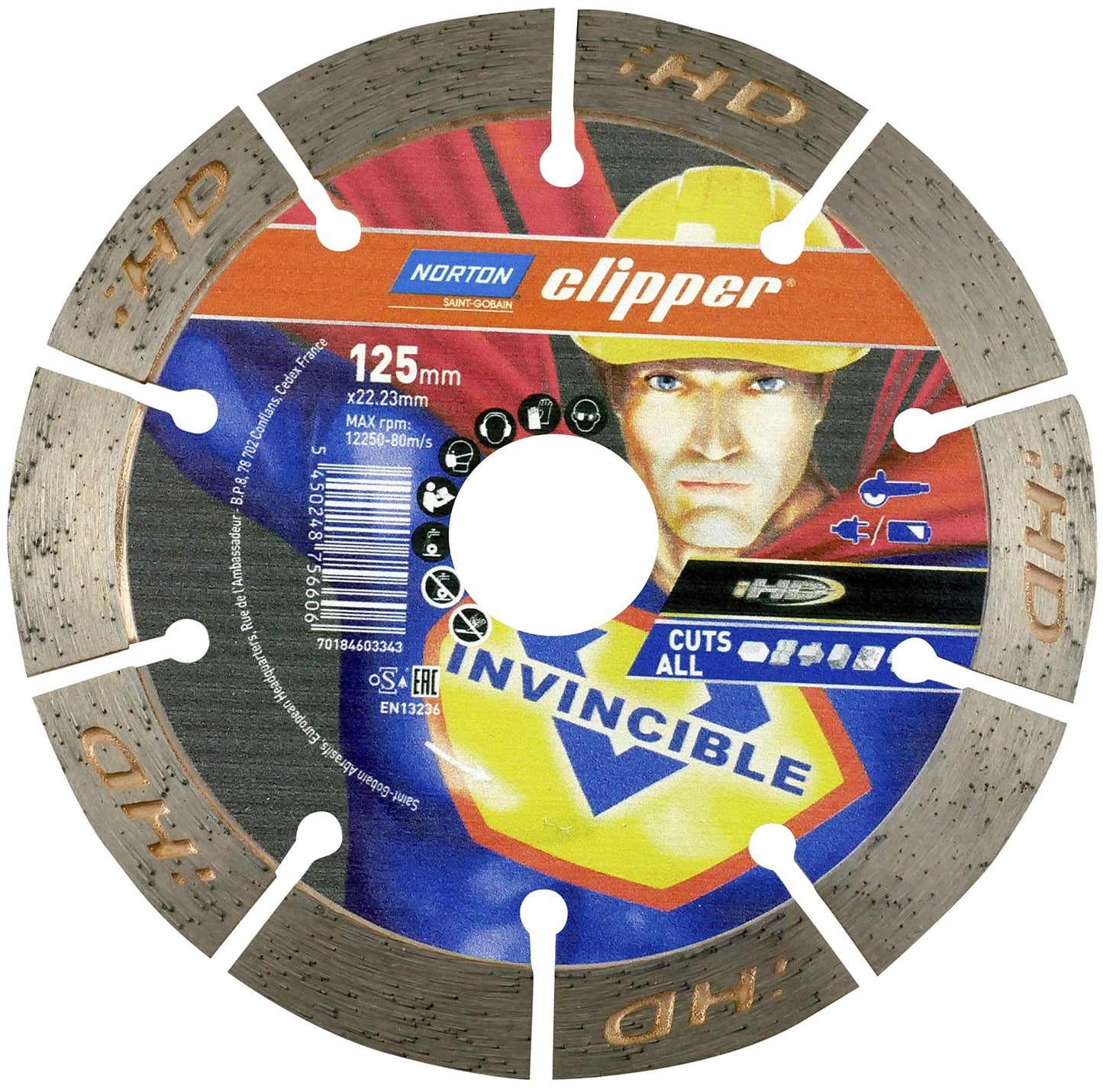 Norton 70184603343 - Disco de diamante Invincible Cuts All, segmentado, 125 x 22,2 mm, segmento 12 mm