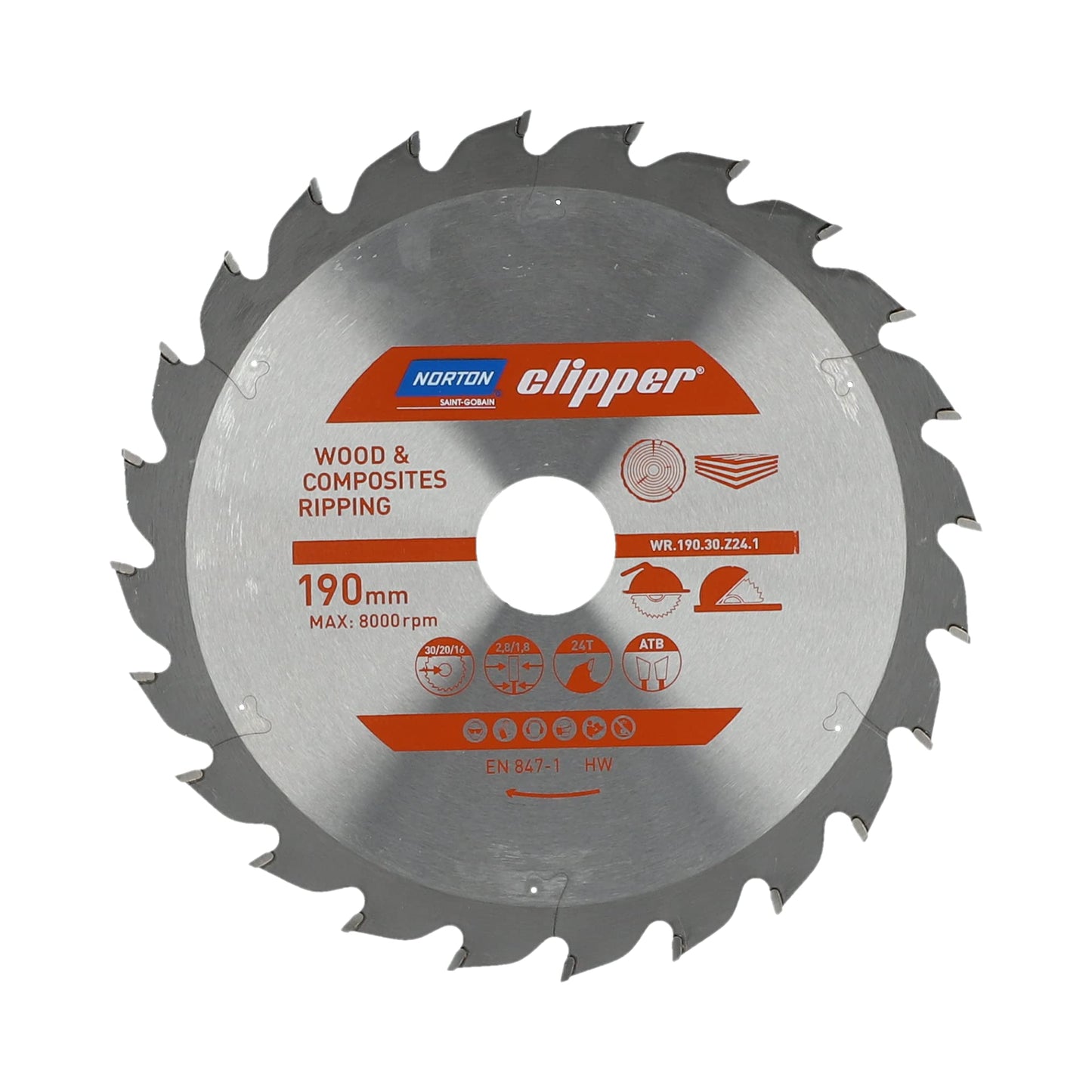 Norton 70184608052 - Disco de sierra circular para madera y materiales compuestos, dentado ATB, Z24, 190 x 30 mm, espesor 2,8/1,8 mm