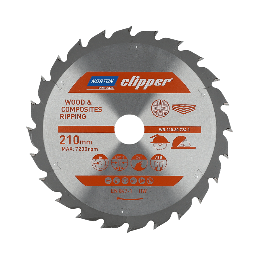Norton 70184608054 - Disco de sierra circular para madera y materiales compuestos, dentado ATB, Z24, 210 x 30 mm, espesor 2,8/1,8 mm