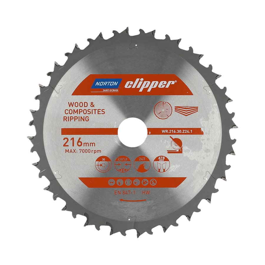 Norton 70184608056 - Disco de sierra circular para madera y compuestos, ATB negativo, 216 x 30 mm, Z24, espesor 2,8/1,8 mm