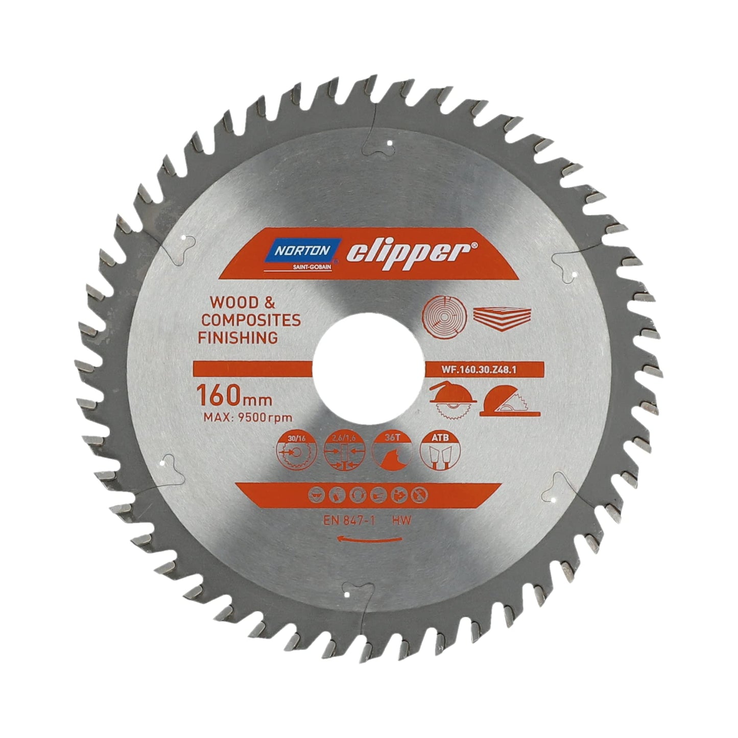 Norton 70184608085 - Disco de sierra circular para madera y materiales compuestos, dentado ATB, Z48, 160 x 30 mm, espesor 2,6/1,6 mm