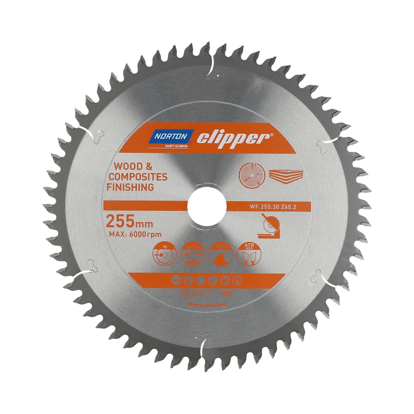 Norton 70184608114 - Disco de sierra circular para madera y materiales compuestos, 255 x 30 mm, Z60, ATB Neg, 3,2/2,2 mm, para ingletadora