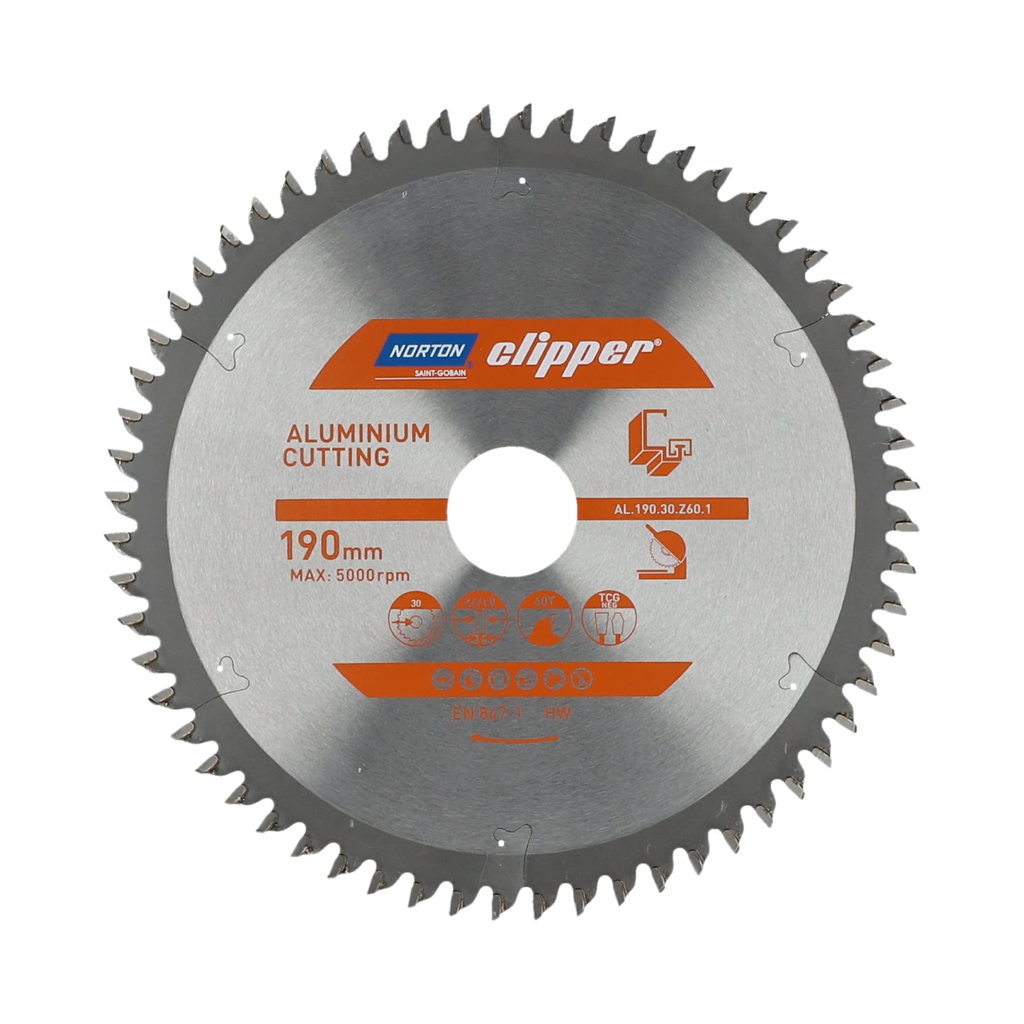 Norton 70184608135 - Disco de sierra circular para aluminio, TCG negativo, 190 x 30 mm, Z60, espesor 2,6/1,8 mm