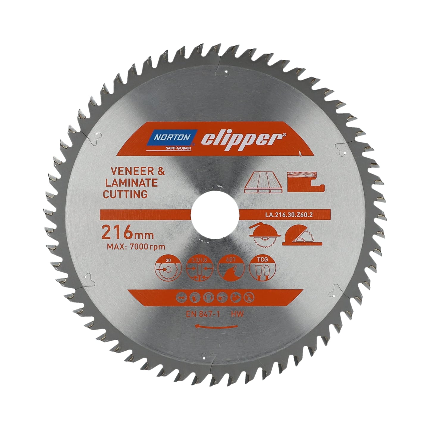 Norton 70184608142 - Disco de sierra circular para laminado y chapa, 216 x 30 mm, Z60, espesor 2,6/1,8 mm
