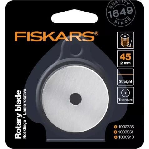Original Fiskars Cuchilla de recambio, Cuchilla de cúter de titanio para cortes rectos, Incl. sujeción de cuchilla, Ø 45 mm, Acero con revestimiento de titanio, 1066043 - Ferrotecnia