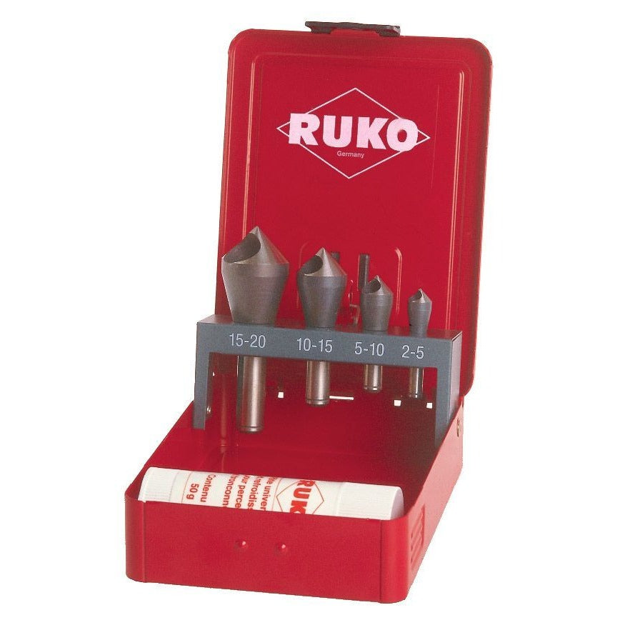 Ruko Set of 4 HSSE-Co 5 slotted countersinks and 30 g cutting paste.