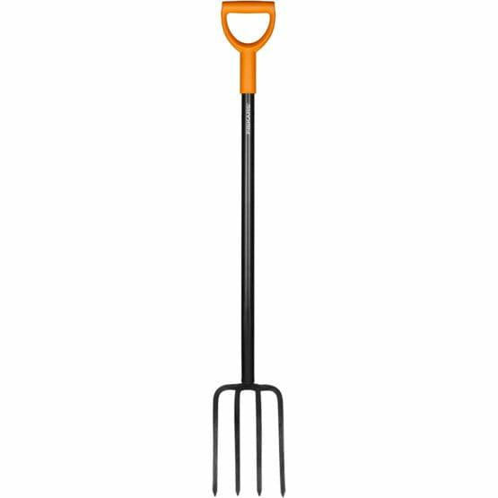 Fiskars Horca de jardín para suelos duros y pedregosos, Con 4 púas, Longitud: 120 cm, Mango de acero/Plástico de calidad, Negro/Naranja, Solid, 1070673