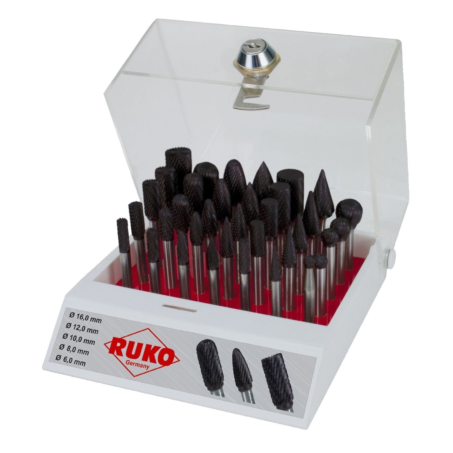 Ruko 116008TC - Surtido de 35 fresas de metal duro TiCN con vástago de 6 mm en vitrina de plástico