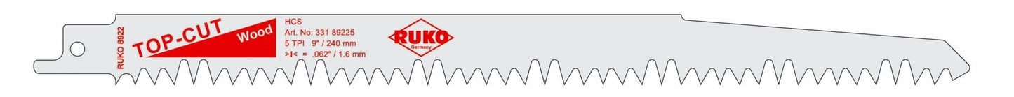 Ruko 33189225 - Pack de 5 sierras de sable HCS acero (Bosch S 1531 L) Largo 240 mm; Paso 4/6,5 mm - Ferrotecnia