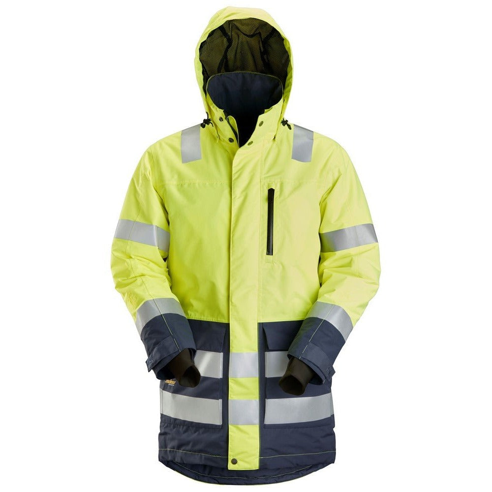Snickers Workwear - 1830 Parka impermeable de alta visibilidad clase 3 AllroundWork amarillo/ azul marino