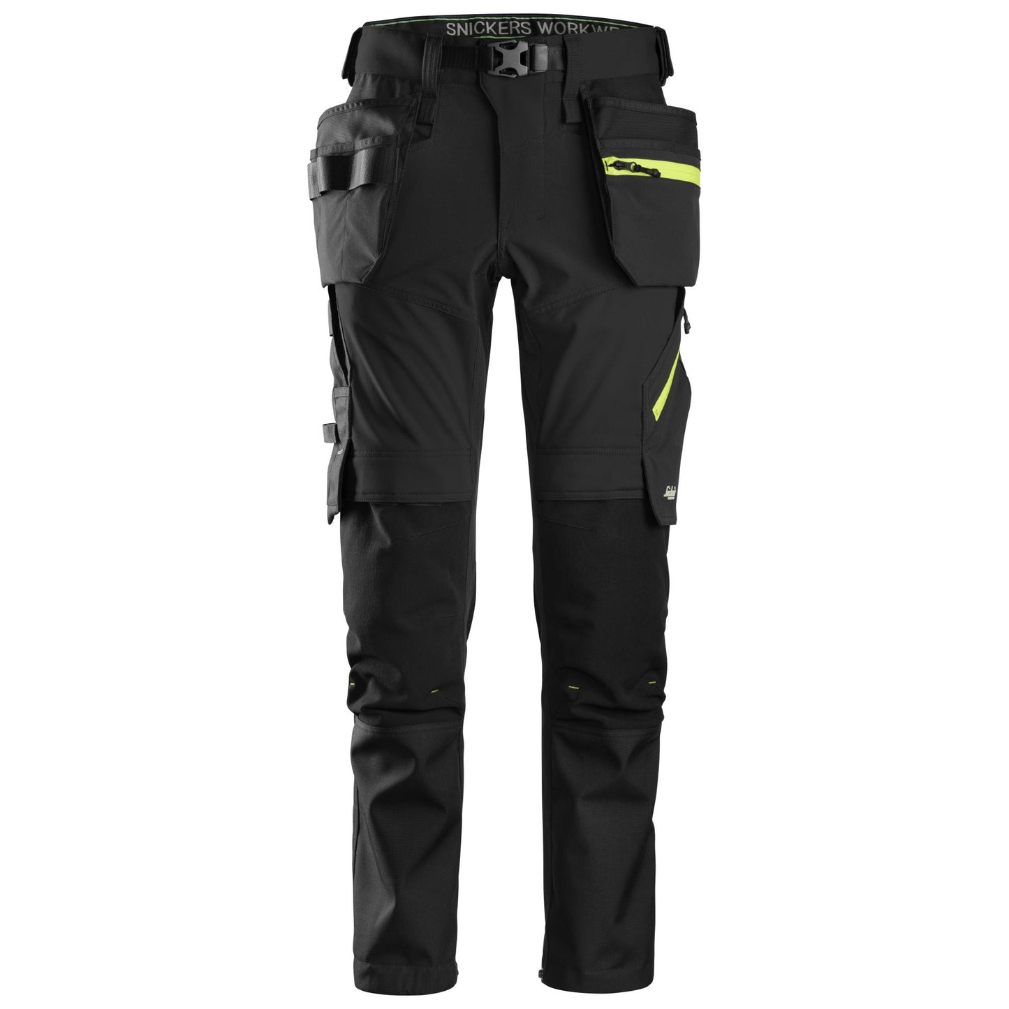 Snickers Workwear - 6940 Pantalones largos de trabajo elásticos FlexiWork Softshell Slim Fit bolsillos flotantes negro/ amarillo neón