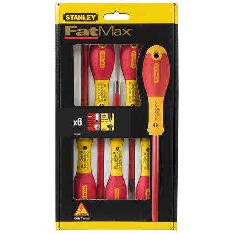 STANLEY FATMAX Juego de 6 Destornilladores Aislados, 3 Planos, 2 Phillips, 1 Test de Voltaje, Mango Bimateria Ergonómico, Aislamiento 1.000V a.c, Código de Color para Identificación, 0-65-441 - Ferrotecnia