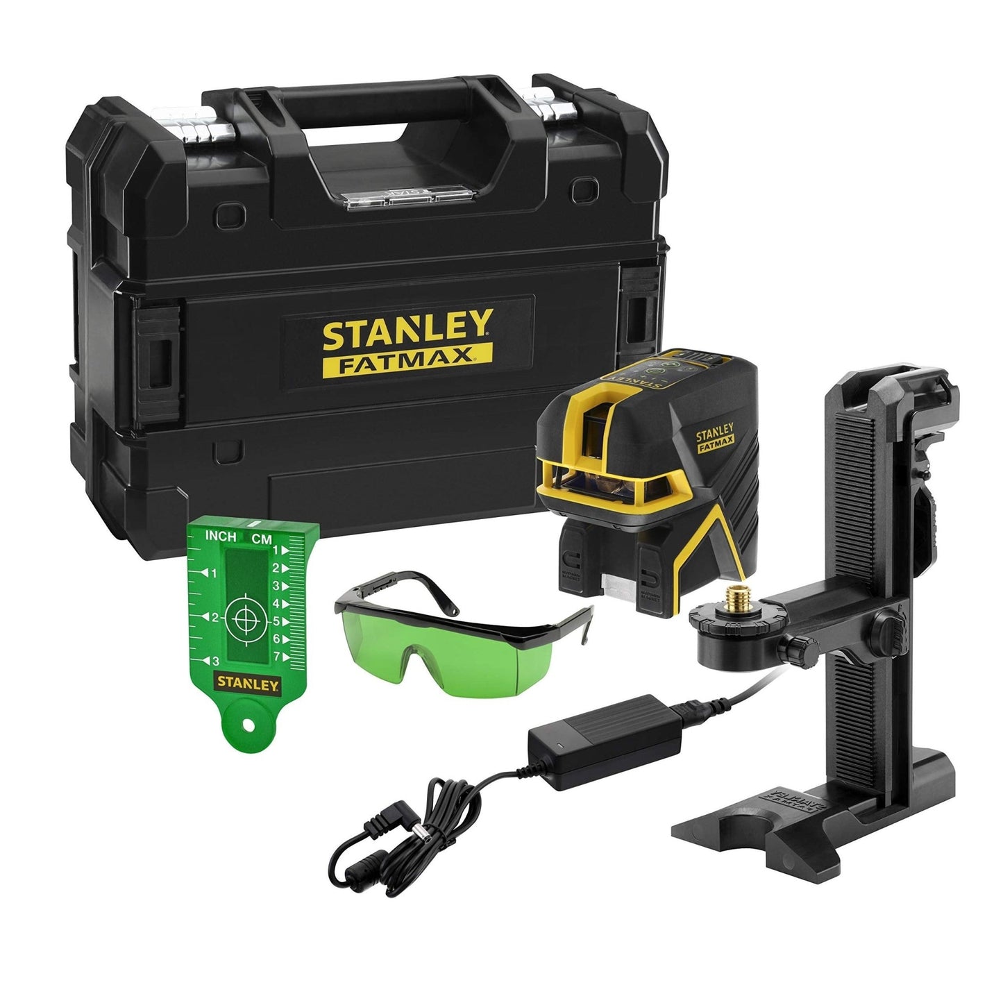 STANLEY FATMAX Nivel láser verde de cruz 2 puntos, alcance 30m (50m con detector), precisión ±0.3mm/m, base magnética, carcasa IP54, batería recargable, incluye accesorios, FMHT77597-1 - Ferrotecnia