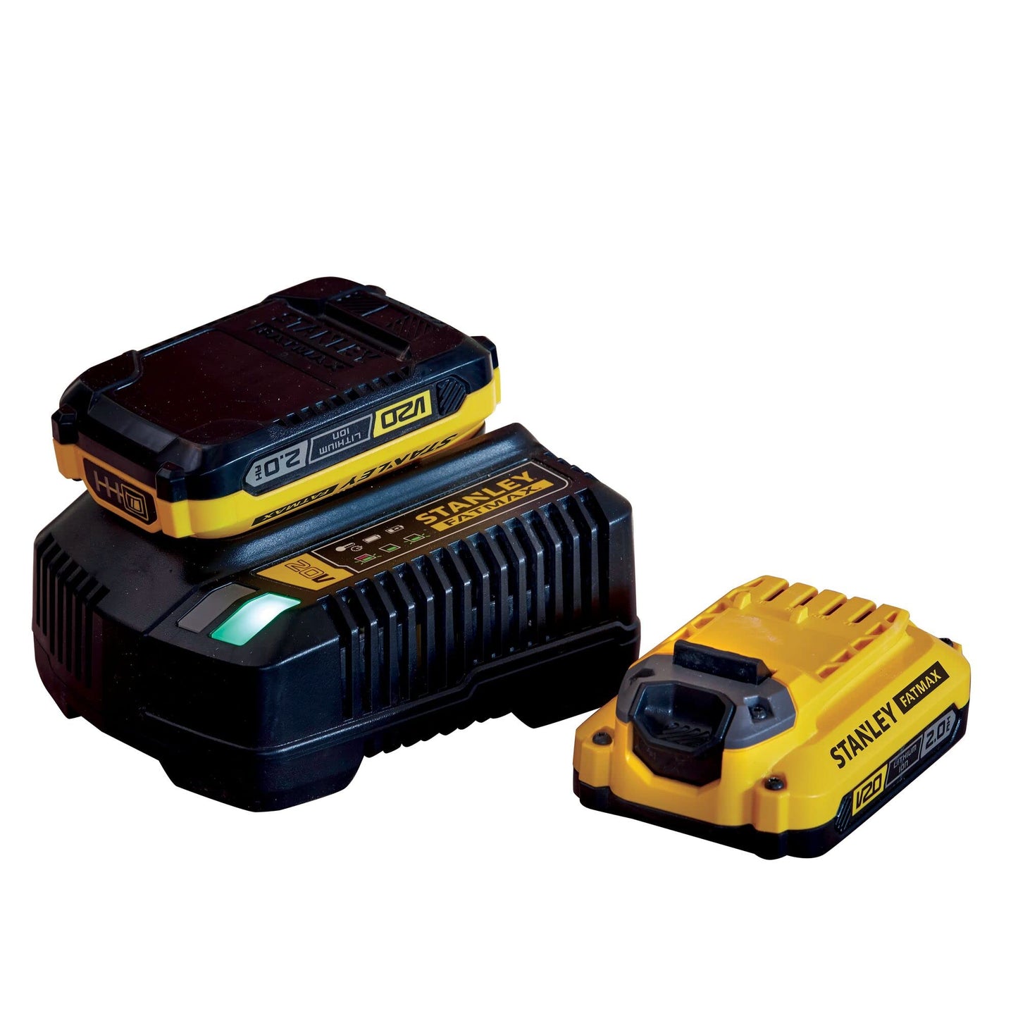 STANLEY FATMAX - Paquete de 2 Baterías V20 18V Li-Ion 2Ah con Cargador Rápido V20 Li-Ion 18V 2A y Indicador LED, SFMCB12D2-QW