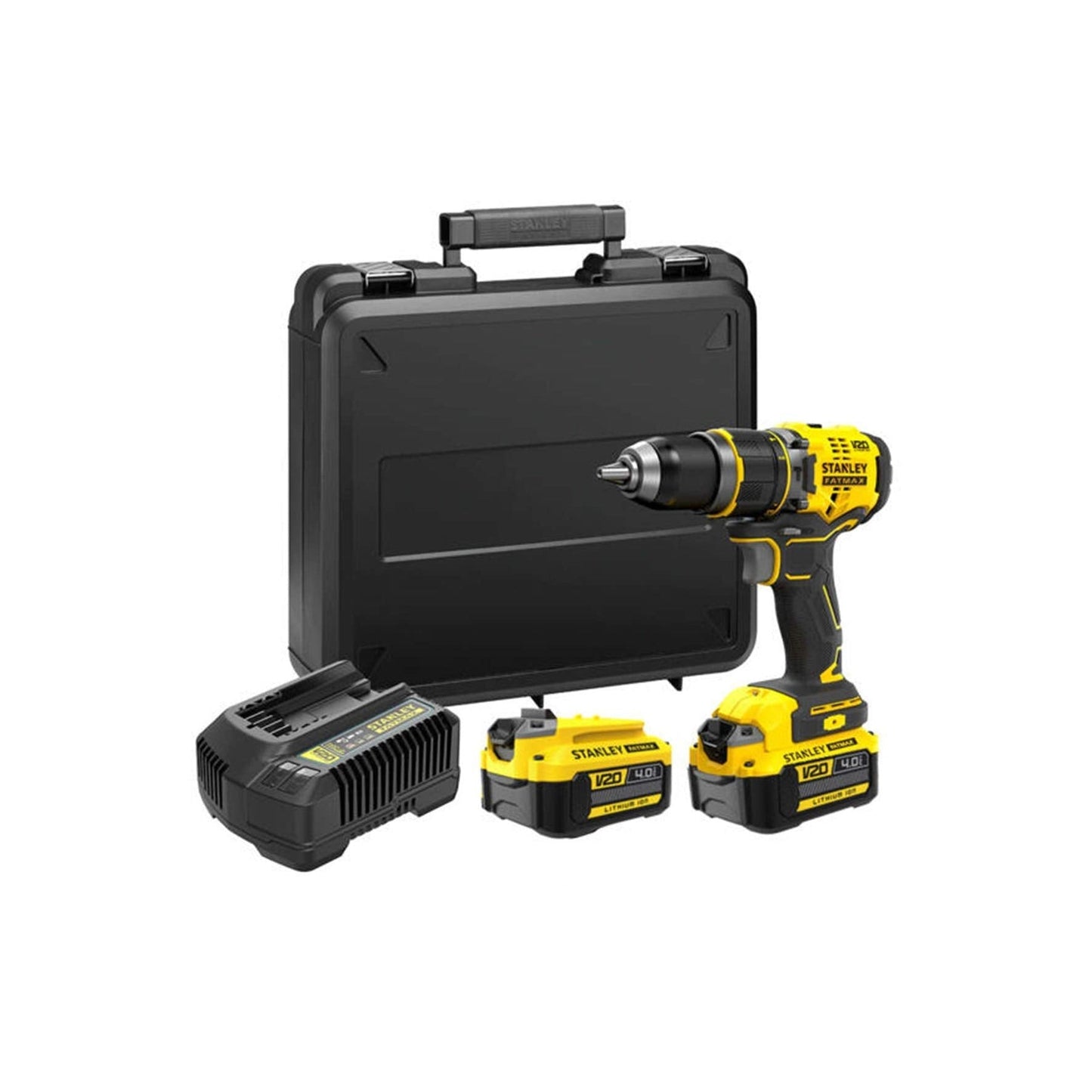 STANLEY FATMAX SFMCD721M2K-QW - Taladro Percutor 18V, Gama V20, Motor sin escobillas, Par máx. 80 Nm, Engranaje metálico de 2 velocidades, Luz LED, Incl. 2 baterías 4,0 Ah, cargador y maletín - Ferrotecnia