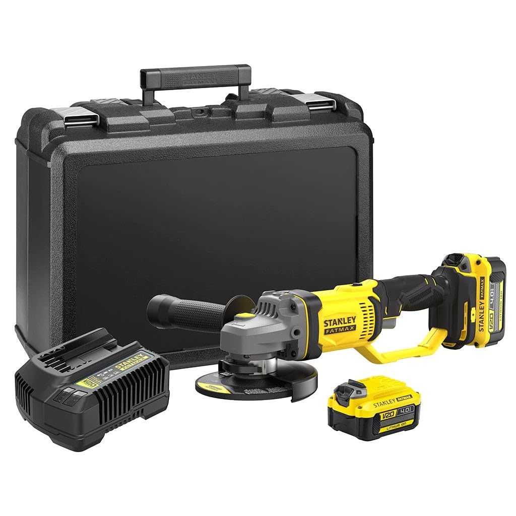 STANLEY FATMAX SFMCG400M2K-QW - Mini amoladora 18V, 125mm, Velocidad 8500 rpm, 1 maletín, 2 baterías 4Ah y 1 cargador 2Ah Gama FATMAX V20