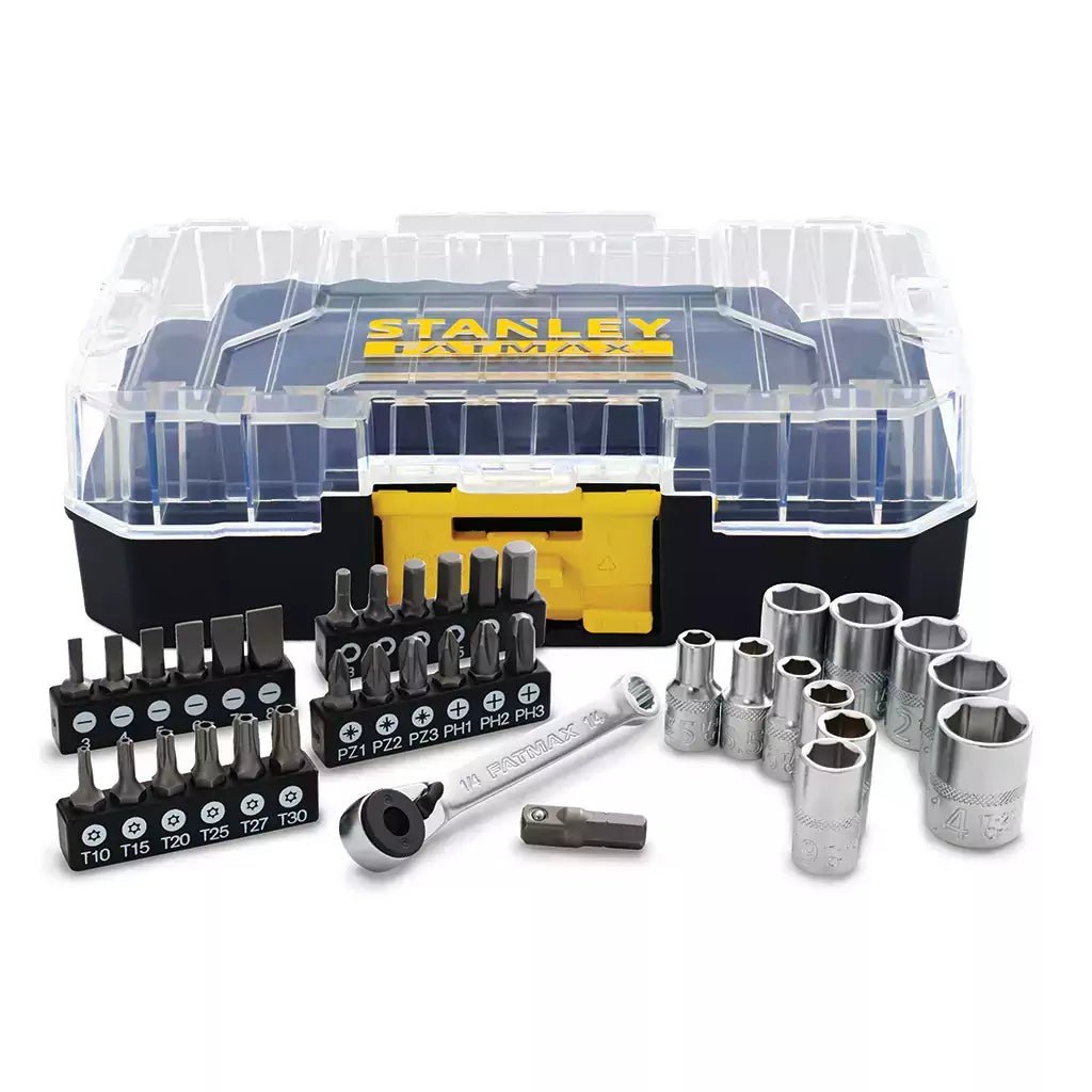 Stanley FMMT19101-0 FatMax - Juego de 37 piezas (1/4", en maletín pequeño, compatible con el sistema T-STAK, incluye llave de carraca, vasos, puntas y portapuntas), color negro y amarillo