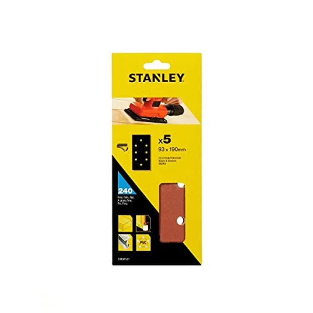 STANLEY STA31527-XJ - 5 hojas de lija perforadas. 1/3 (93 x 190mm). Grano 240. Autoadherentes. Madera, pintura, barniz, yeso, metal y plástico.