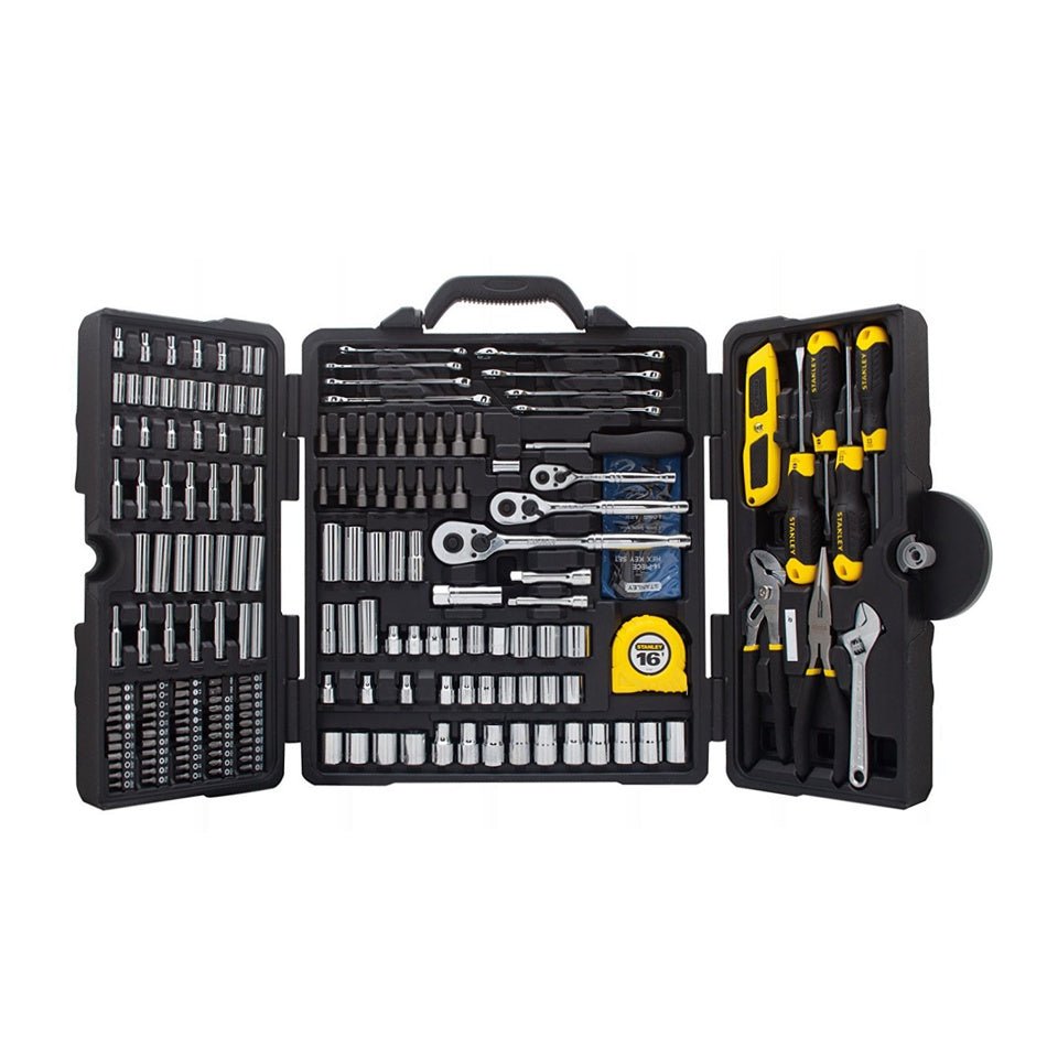 STANLEY STHT5-73795 - Juego de herramientas mecánicas 210 piezas, Cuchillo, Cinta métrica de 5m, Destornillador, Llave ajustable, Alicates, Llaves hexagonales, Puntas de destornillador, Acabado cromado