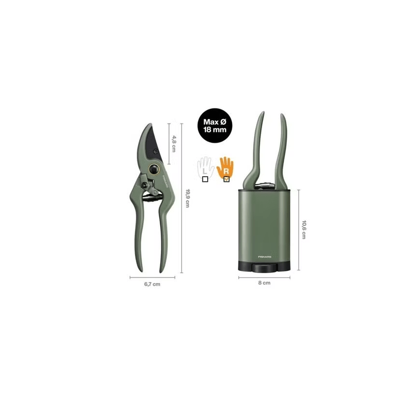 Tijeras para plantas / flores Fiskars con soporte, Urban Plant Care, para plantas de interior, longitud total 19,9 cm, acero inoxidable/aluminio/plástico, verde oscuro/negro, 1075314 - Ferrotecnia
