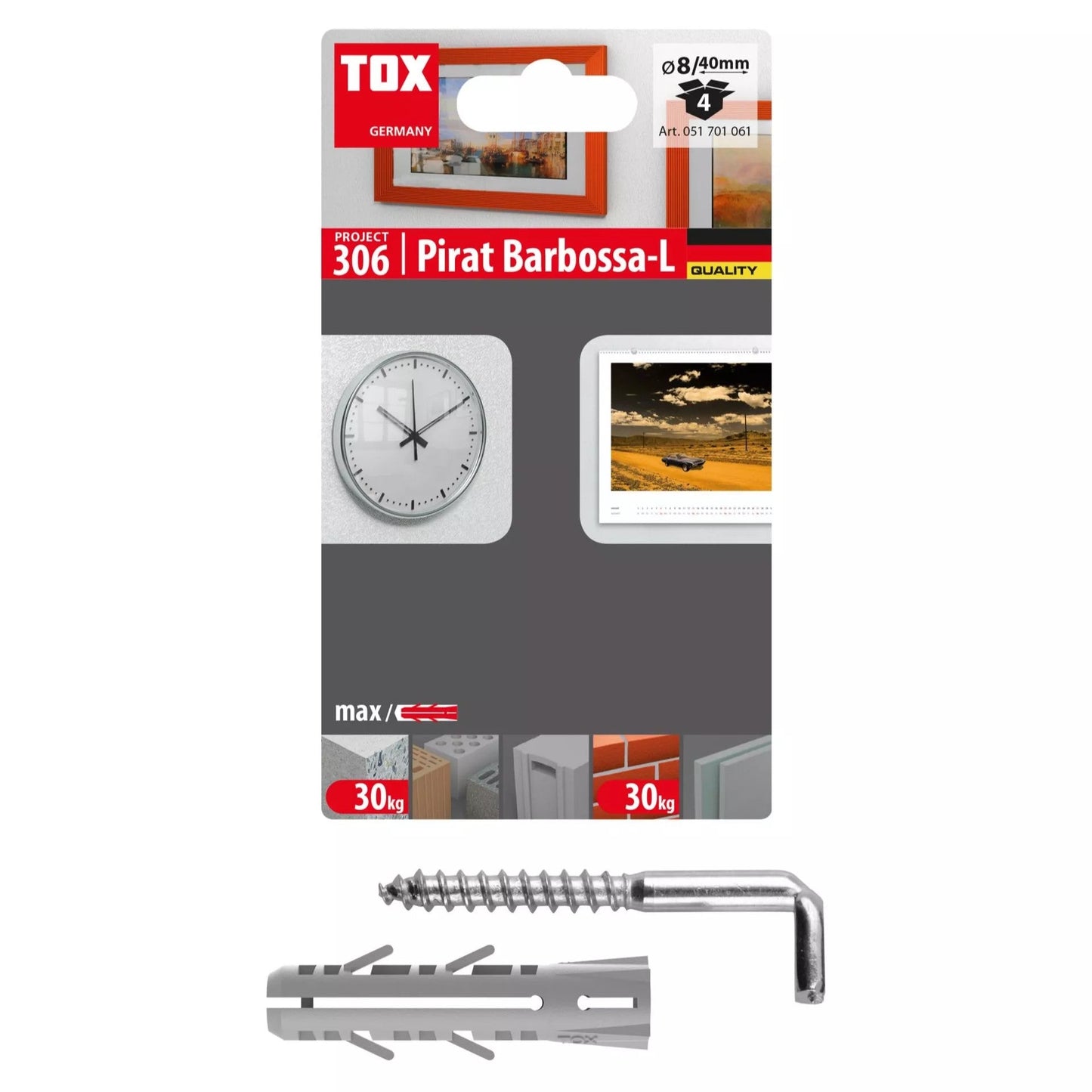 Tox 051701061 - Blíster de 4 tacos Barracuda 8x40 mm + alcayata - Ferrotecnia