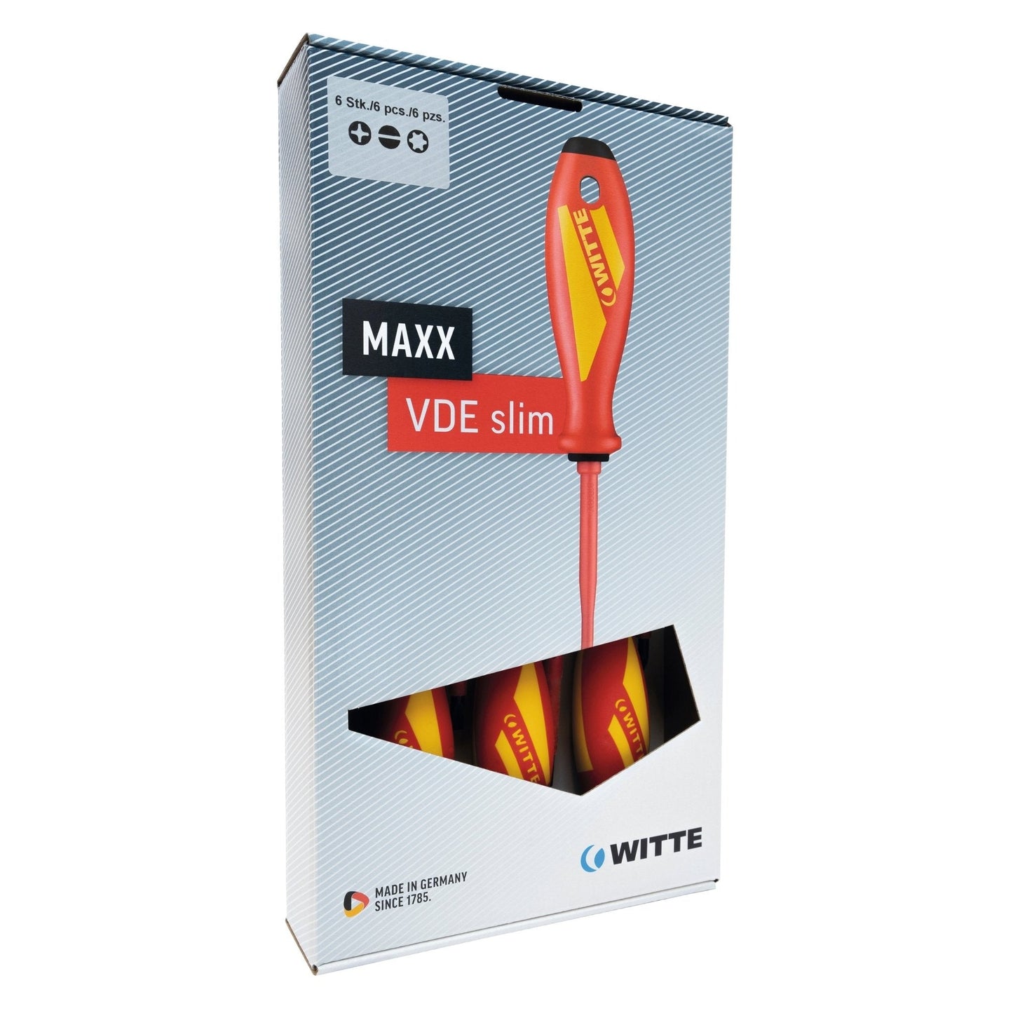 Witte 653773 - Juego de 6 destornilladores aislados con varilla reducida MAXX VDE Slim (PL + PH)