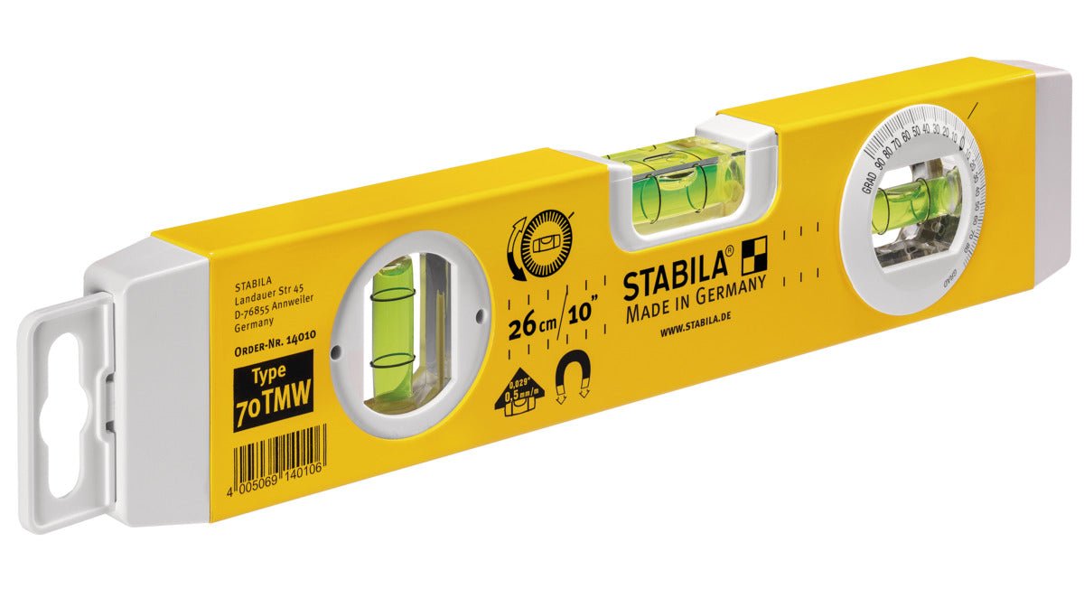 Stabila 140106 - Nivel de burbuja con base magnética e inclinómetro Stabila Torpedo 70TMW de 25 cm. - Ferrotecnia