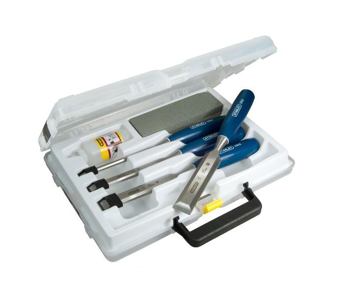 STANLEY 0-16-130 Cincel para Madera ABS, Mango de Polipropileno, Protección de la Hoja, Hoja de Acero Forjado, Maletín de Transporte, Juego de 4 Piezas 6, 12, 18 y 25 mm, Formón