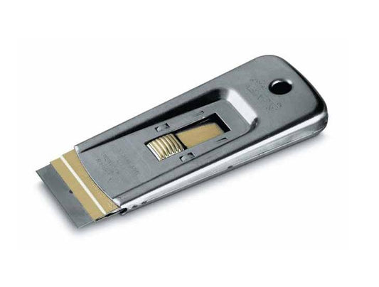 STANLEY Rascavidrios de calidad profesional, Anticorrosión y antiabrasión, Cuerpo metálico, Cuchilla rectangular y retráctil de 40 mm, Pulsador de latón, 0-28-500