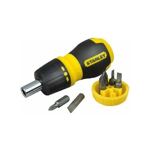 STANLEY 0-66-358, Destornillador con carraca bimaterial porta-puntas + 6 puntas, Cabeza magnética , Depósito en el mango, Mecanismo de carraca, Ligero y resistente
