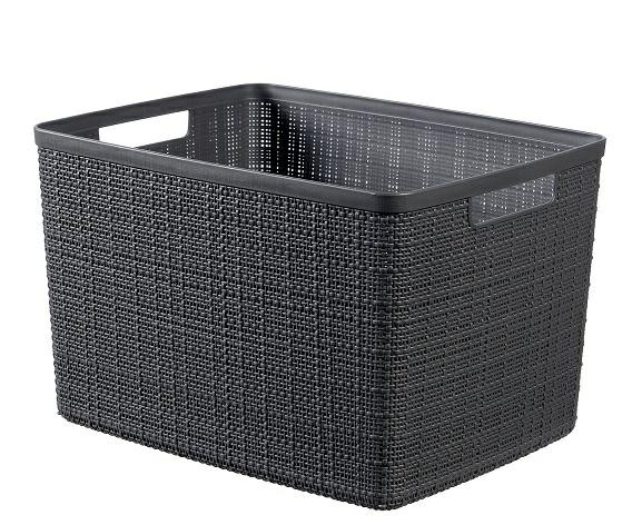 Curver Juliet- Cesta Rectangular Grande 20L, Almacenaje, Ordenación; 100% plástico Reciclado, Acabado Yute, 36x28xH23 cm, Gris Oscuro