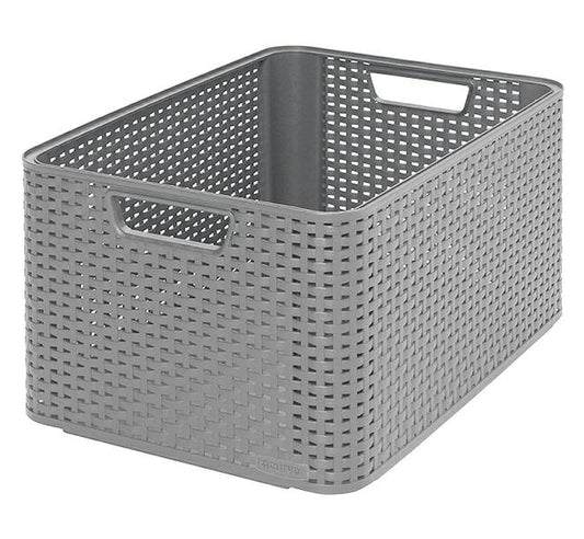 Curver Caja de almacenaje Style L, 43,6 x 32,6 x 23 cm, plástico, aspecto de ratán, con asas, color gris claro