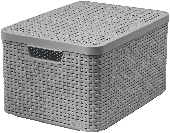 Curver Caja de almacenamiento de ratán con tapa, cesta de almacenamiento, plástico, hecha de material reciclado en al menos un 70% (gris claro, L: 44,5 x 33 x 24,8 cm)