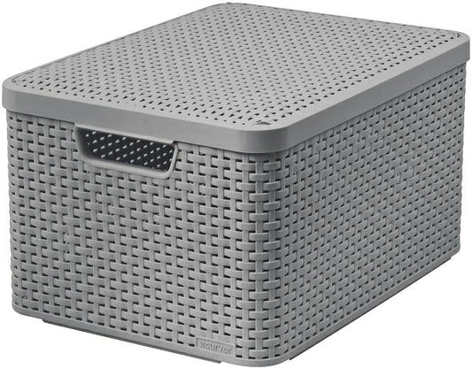 Curver Caja de almacenamiento de ratán con tapa, cesta de almacenamiento, plástico, hecha de material reciclado en al menos un 70% (gris claro, L: 44,5 x 33 x 24,8 cm)