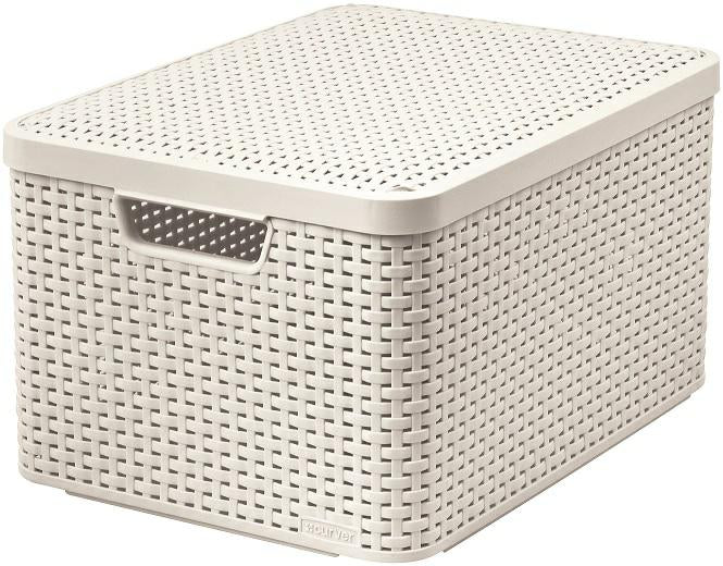 CURVER 205862 - Cesta con Tapa con Efecto Mimbre (tamaño Grande, Polipropileno), Color Blanco