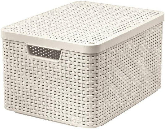CURVER 205862 - Cesta con Tapa con Efecto Mimbre (tamaño Grande, Polipropileno), Color Blanco