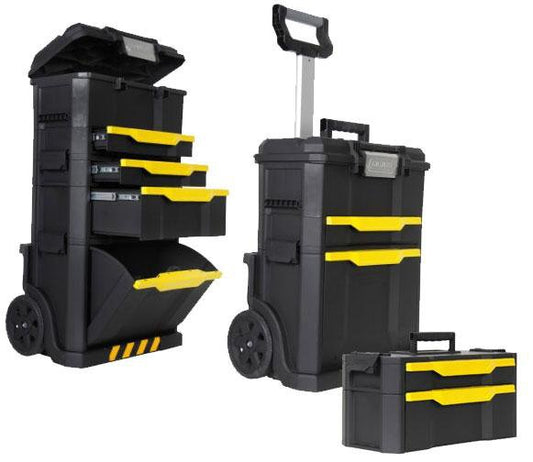STANLEY Taller rodante Modular 3 en 1 apilable con Ruedas Resistentes, asa telescópica, organizadores Integrados y Capacidad de 35 kg, Ideal para Herramientas eléctricas y manuales, 1-79-206
